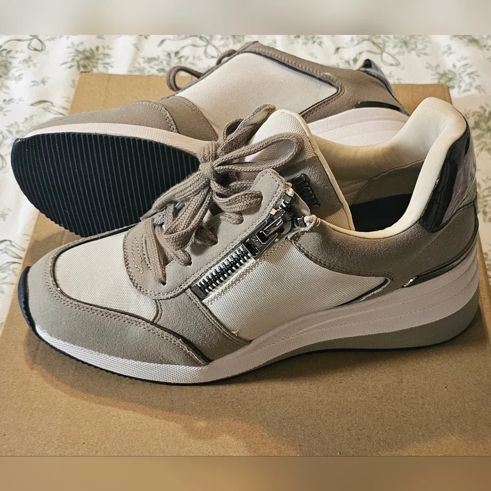 DKNY Taupe and Cream Wedge Sneakers